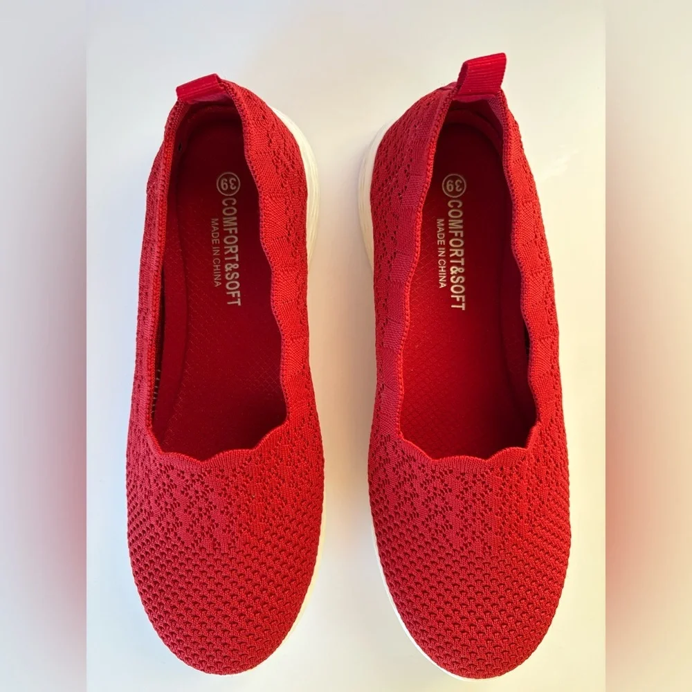 Puxowe Red Women’s Casual Knit Slip-On Walking Loafer with White Soles-Size 8.5